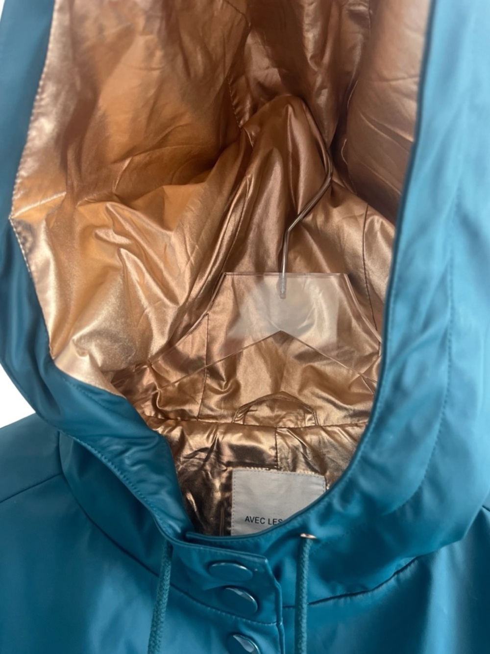 Avec Les Filles Teal Hooded Trench Coat with Gold Lining - Picture 3 of 5